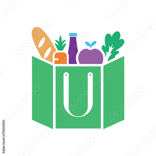Green grocery bag filled with colorful food items and bottle shopping