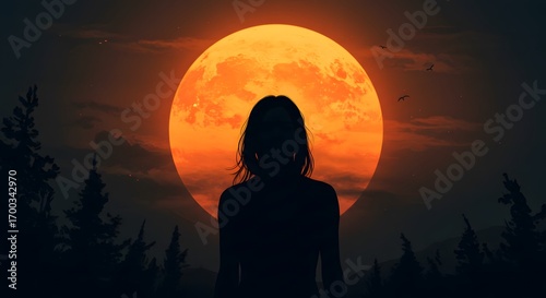 Silhouette Woman Large Orange Moon Night Landscape Art Print