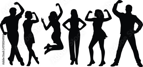 Black Silhouettes of Strong Confident People Posing in Powerful Stances Showing Muscles, Fitness, Bodybuilding, Empowerment, and Strength on White Background Vector Illustration