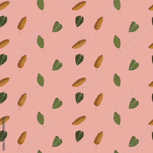 Tropical leaves in a scattered pattern against a soft pink background design, seamless pattern, Stock royalty free image.
