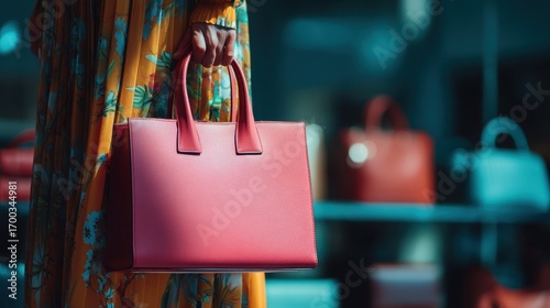 Close up of a stylish woman in a yellow floral dress holding a luxurious pink leather handbag in a high-end fashion boutique