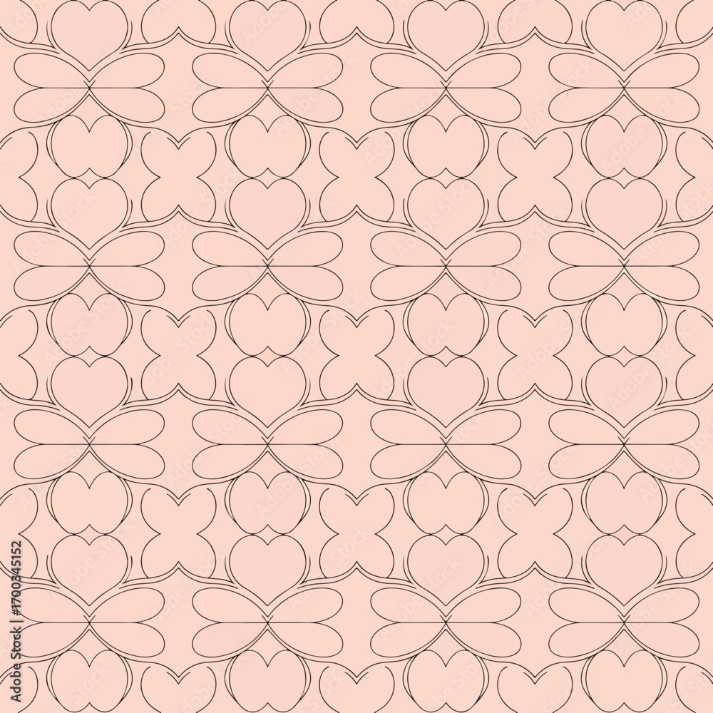 Obraz premium Symmetrical pattern with hearts and abstract shapes in a seamless design element, seamless pattern, Stock royalty free image.