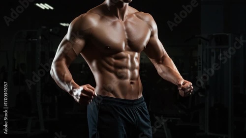 Strong muscular man with defined six-pack abs posing in gym, bodybuilding fitness concept