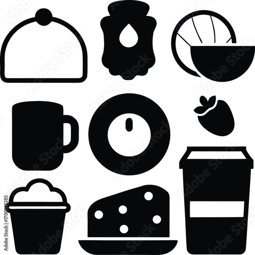 Collection of nine black silhouette food and drink icons isolated on white background