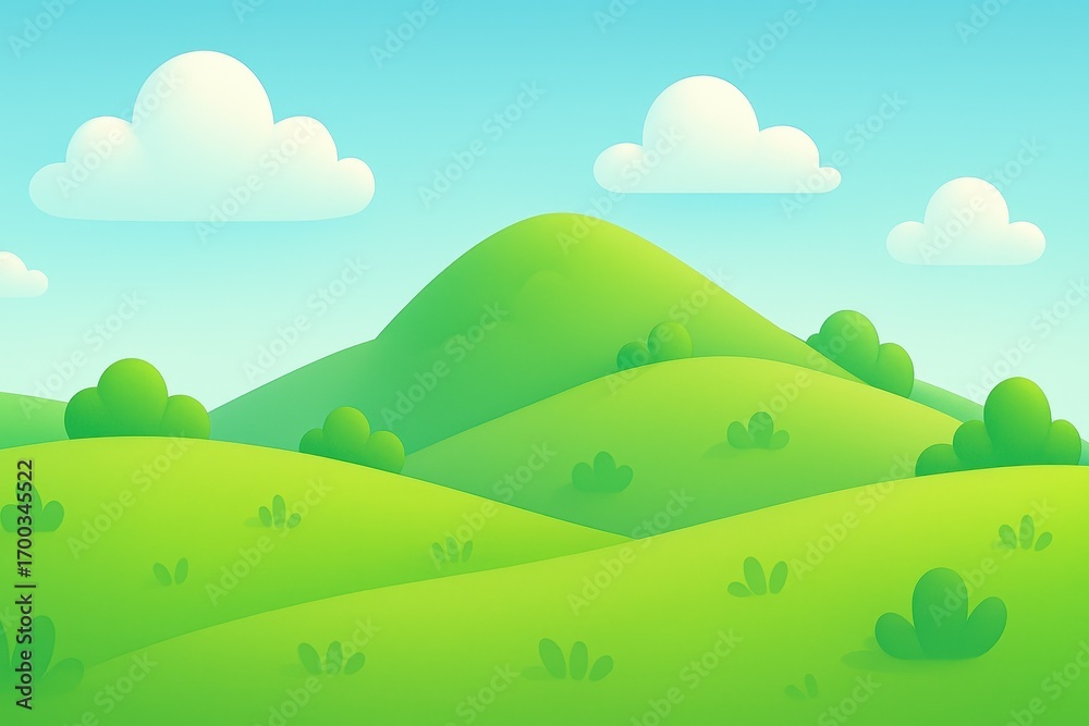 Obraz premium Cartoon landscape of rolling green hills and lush bushes under a clear blue sky with fluffy white clouds on a bright sunny summer day