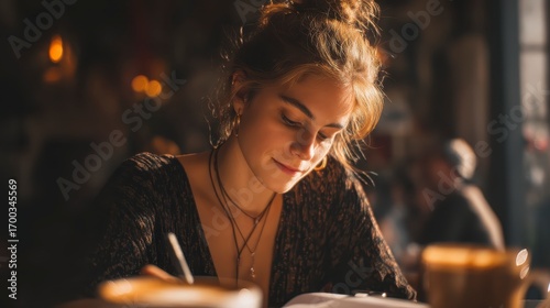 Young woman sketching in cafe with cappuccino, 