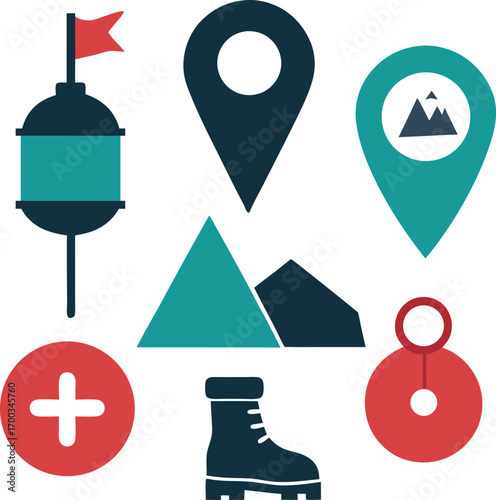 Collection of outdoor adventure and navigation icons including a buoy map pin mountain boot and compass isolated on white background silhouette