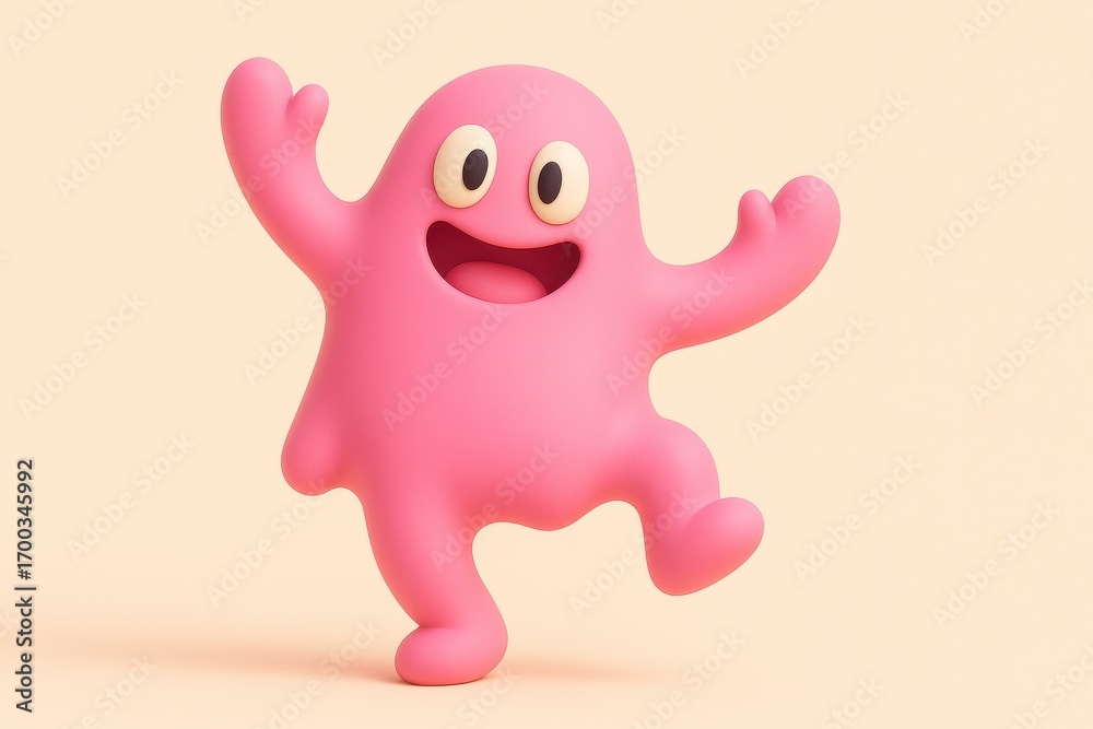 Fototapeta premium Cute pink cartoon character dancing with a happy smile on its face, a friendly monster mascot with a cheerful expression on a plain background
