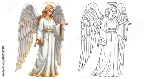 Festive Standing Christmas Angel Coloring Page with Color and Outline Versions Fun