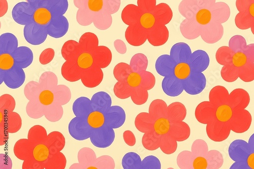 Colorful retro groovy flower power seamless pattern with hand-drawn floral elements in a vibrant 60s and 70s style on a cream background