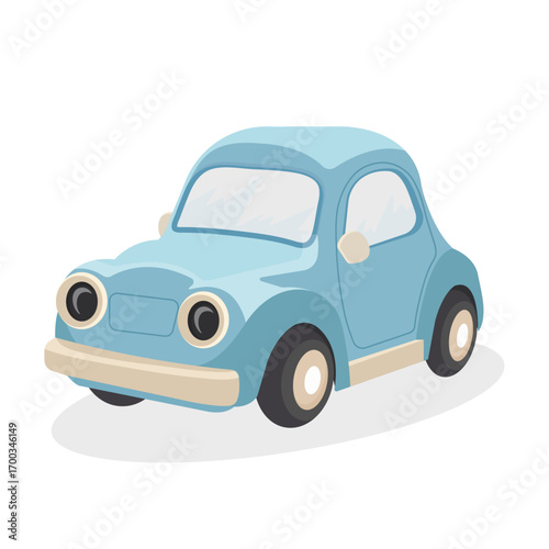 Blue toy car on white background. Cute kids play vehicle for baby, toddler, children, preschool and kindergarten. Flat vector illustration for shop, design, web, fun and learning concepts.