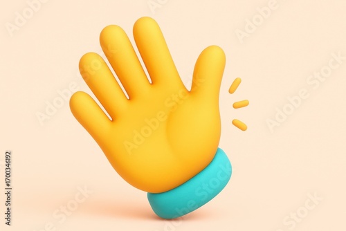 3D cartoon hand waving gesture icon for social media communication and user interface design isolated on a plain background