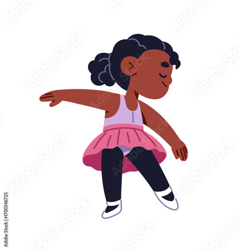 Happy kid ballet dancer performs. Cute little black girl ballerina stands in pose. African American child in pink tutu dances, training in class. Flat isolated vector illustration on white background