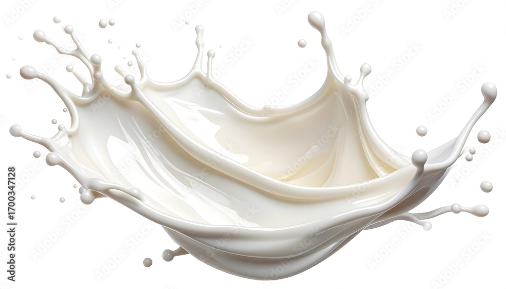 Fototapeta premium A dynamic milk splash, showcasing fluid movement and textures against a pristine white background.