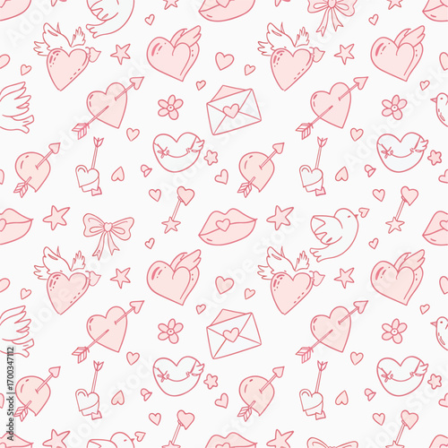 Seamless Valentine's Day pattern with hearts, arrows, lips, and love symbols, patern seamless, Stock royalty image.