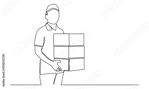 Continuous one line art of 
 delivery man  standing with parcel post.