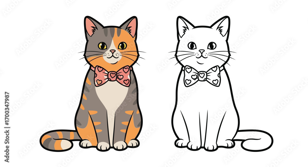 Fototapeta premium Cute Valentine Cat with Bowtie Coloring Page Kids Fun Valentine's Day Art