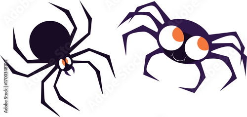 Stylized, cartoon spider clip arts. Black and purple with big, friendly orange eyes and a smile. Perfect for fun, whimsical Halloween designs or stickers.