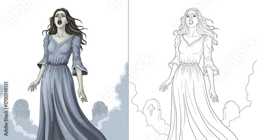 Wailing Banshee Woman Halloween Coloring Page Spooky Fun Kids Printable Activity