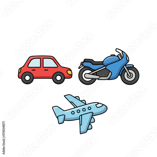 Vector art of a set of transportation icons featuring a car, motorcycle, and airplane, all rendered in a simple, outlined style