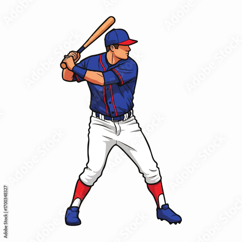 Vector Illustration of Baseball Player in Classic Uniform in Minimalist Style with Red Blue White Colors