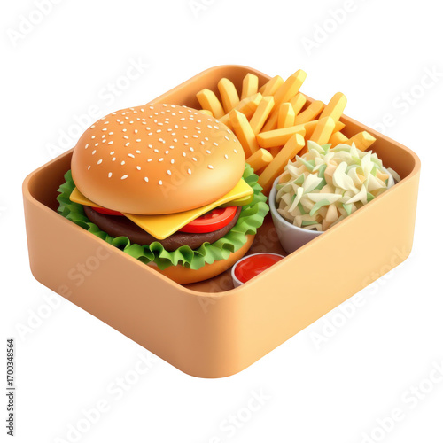 Delicious Fast Food Combo Burger Fries Coleslaw and Ketchup in a Bento Box.