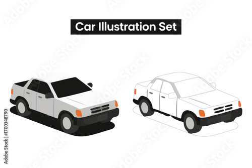 Two-Vehicle Isometric Illustration: A digital art render showcasing a solid white car next to its wireframe counterpart, perfect for design and tech concepts.