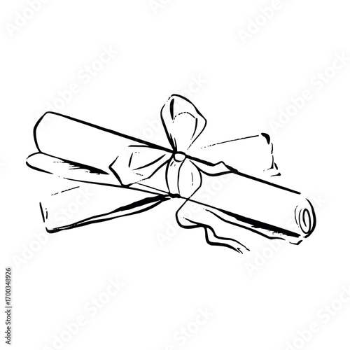 Two vintage paper scrolls tied with ribbon. Vector whimsical quickly sketch line art illustration. Perfect for journaling, romantic invitations, posters, vintage decor, book club projects, cards.