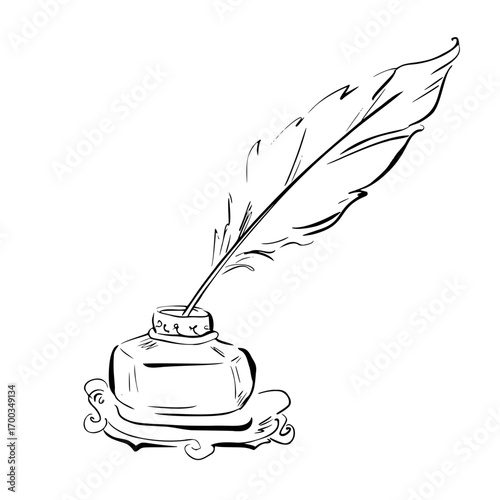 Antique inkwell with feather quill. Vector whimsical quickly sketch line art illustration. Perfect for journaling, stationery, poetry projects, invitations, branding, posters, vintage decor, cards.