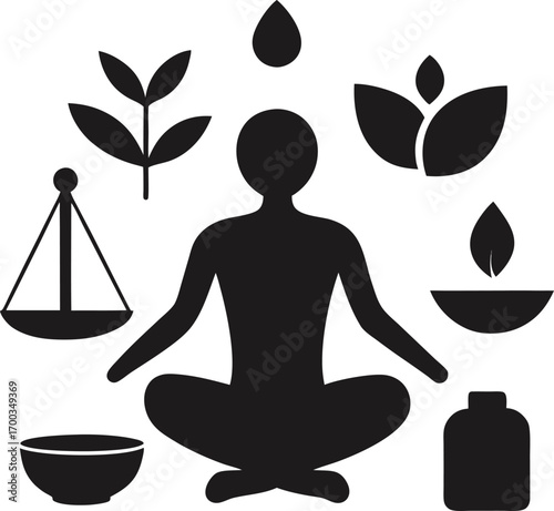 Silhouette of a person meditating surrounded by symbols of ayurveda and wellness isolated on white background