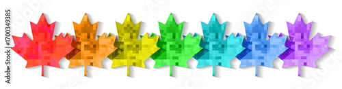 Vector pixels mosaic set of rainbow canadian maple leaves with shadows. Symbols and design elements. Colorful iridescent foliage. Icons, sticker and badges. Pixel art. White background