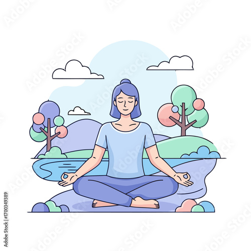 Vector art of a woman is meditating in a lotus position in nature, promoting mindfulness and relaxation
