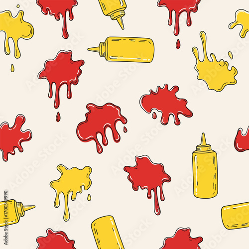 Seamless pattern of mustard bottles and ketchup splatters on beige background, seamless pattern, Stock royalty.