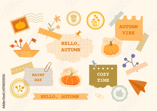 Cute autumn set made of different pieces of paper, stamps, origami, flower, washi tapes, push pins, paper clips, stickers, pumpkin in warrm pastel colors. Digital scrapbooking, journaling, planners