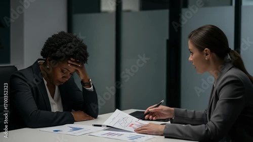 A tense meeting between a distressed Black woman in her 30s and a composed Hispanic woman in her 20s, analyzing financial documents in a modern workplace environment.