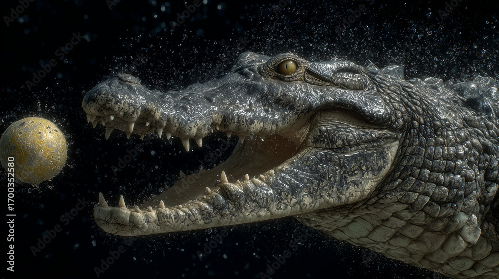 Fototapeta premium Crocodile underwater catching a ball in dark aquatic environment