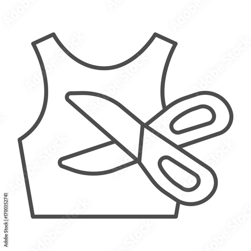 Scissors and fabric sample shape thin line icon, sewing tools concept. Vector graphics. Shirt contour with scissors sign on white background, outline style icon for mobile or web design.