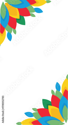 Vibrant abstract colorful petal designs adorning white background with subtle floral and leaf motifs
