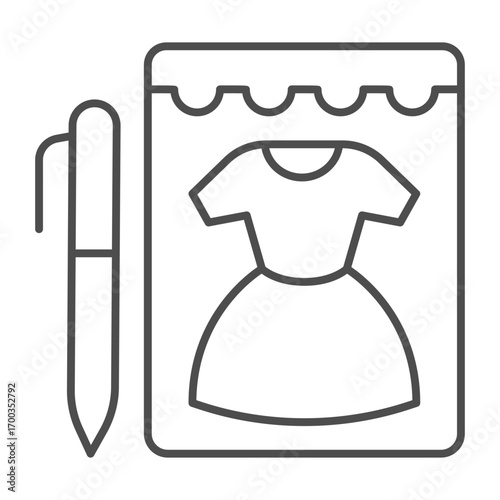 Sketch of woman dress in notepad and pen thin line icon, sewing theme concept. Vector graphics. Dress artwork mockup sign on white background, outline style icon for mobile or web design.
