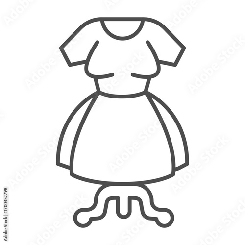 Woman dress on mannequin with tripod thin line icon, fashion designer concept. Vector graphics. Bride wedding dress, clothes sign on white background, outline style icon for mobile or web design.
