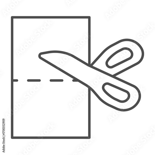 Scissors and fabric cloth thin line icon, sewing theme concept. Vector graphics. Cutting tool with textile sample, handicraft sign on white background, outline style icon of mobile or web design.