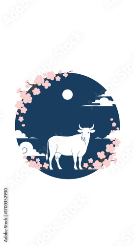 Beautiful white cow standing beneath a full moon surrounded by pink cherry blossoms and wispy clouds