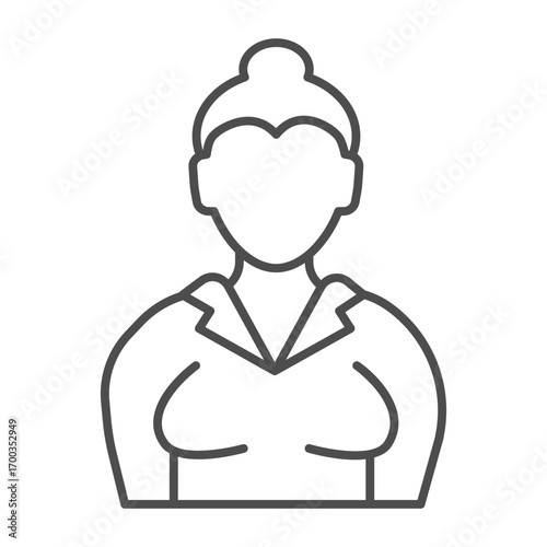 Chinese woman avatar thin line icon, sewing theme concept. Vector graphics. Grandmother with knitting hobby, elderly sign on white background, outline style icon for mobile or web design.
