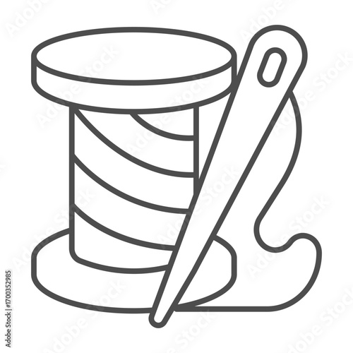 Spool of thread with needle thin line icon, sewing tools concept. Vector graphics. Needle ang reel, handmade accessory sign sign on white background, outline style icon for mobile or web design.
