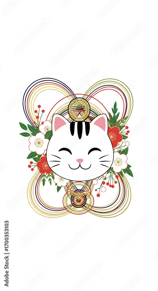 Fototapeta premium Lucky cat embracing floral beauty and auspicious symbols for prosperity and good fortune