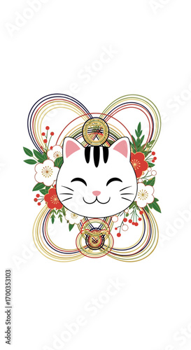 Lucky cat embracing floral beauty and auspicious symbols for prosperity and good fortune