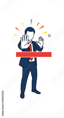 Businessman making a stop gesture signaling no entry or warning of danger ahead