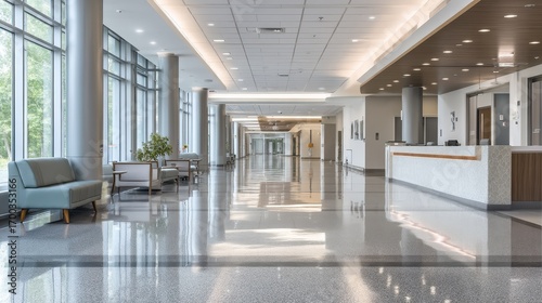 Modern hospital interior with a long empty hallway, reception desk, and waiting area with large windows