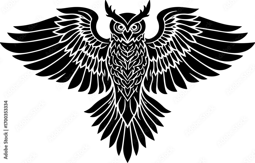 Fototapeta premium Tribal Owl Silhouette with Wings Spread Vector