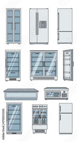 Collection of modern refrigeration units for commercial and home use showcasing diverse designs